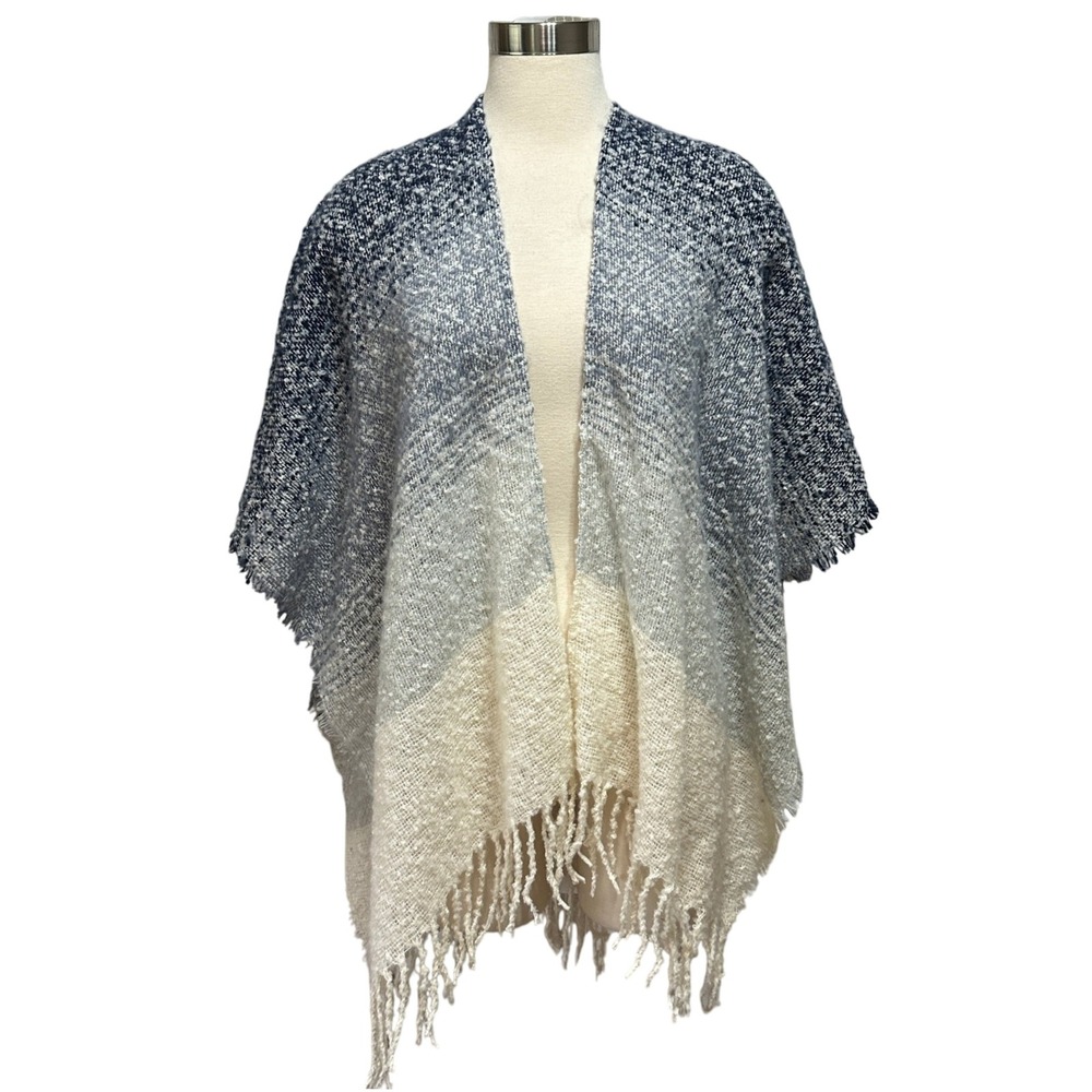 Boho‎ Knit Ombre Fringe Cape Shawl Womens OS Blue White Cozy Oversized Wrap